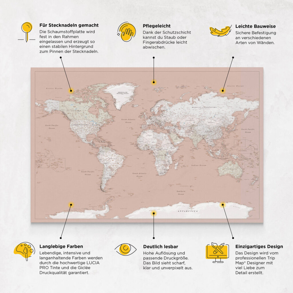 Pinnwand Weltkarte – Altrosa (Detailliert) - TripMapWorld.de
